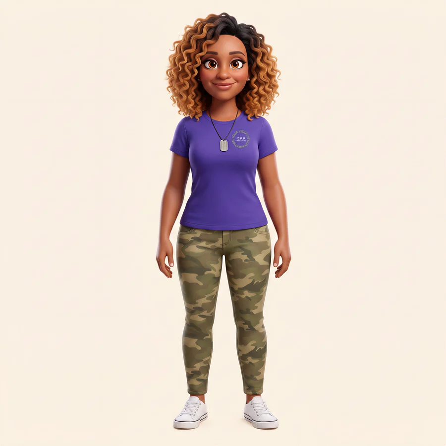 3D master reference: Vantrisa in a purple LDD tee, dog tag, and camouflage jeans