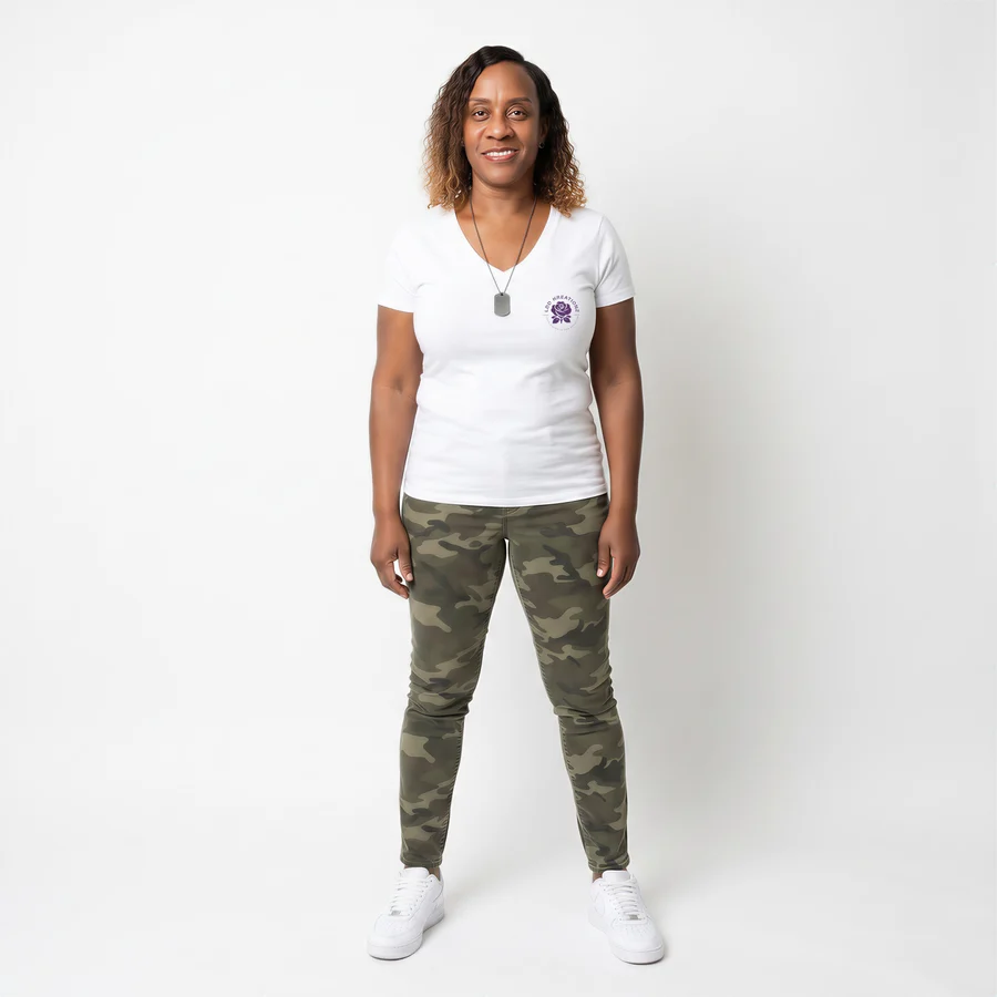 Photoreal master reference: Vantrisa in a white v-neck, dog tag, and camouflage jeans
