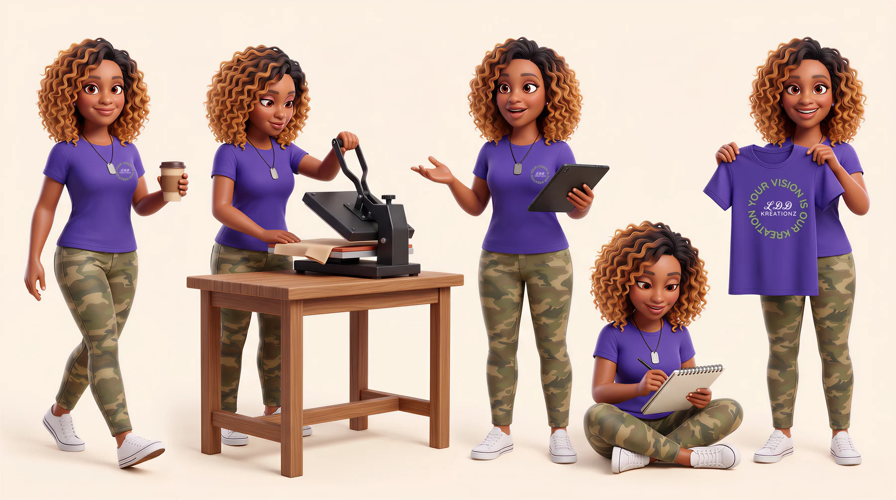 Five 3D action poses of the brand character at work