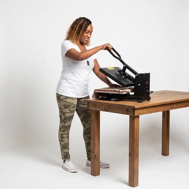At the heat press, photoreal