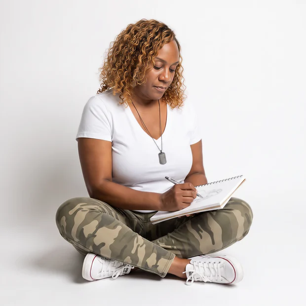 Seated sketching, photoreal