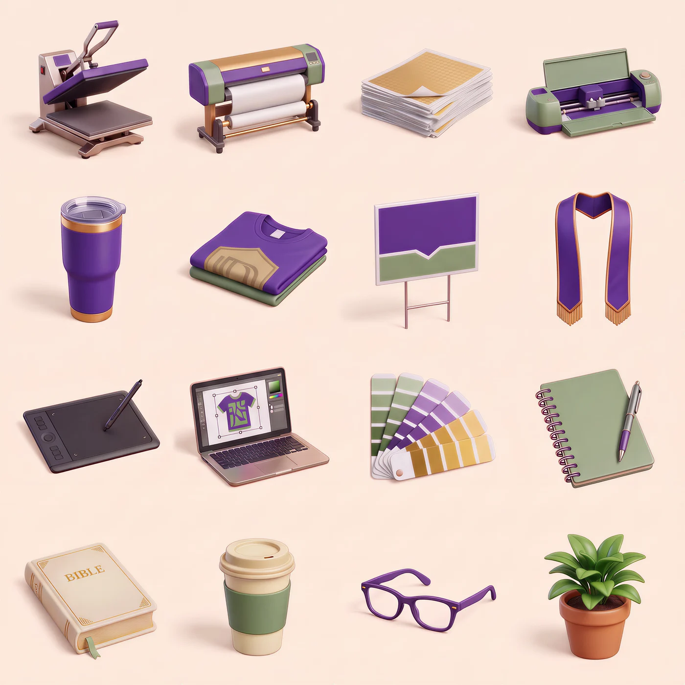 Sixteen LDD Kreationz props rendered in the 3D character style