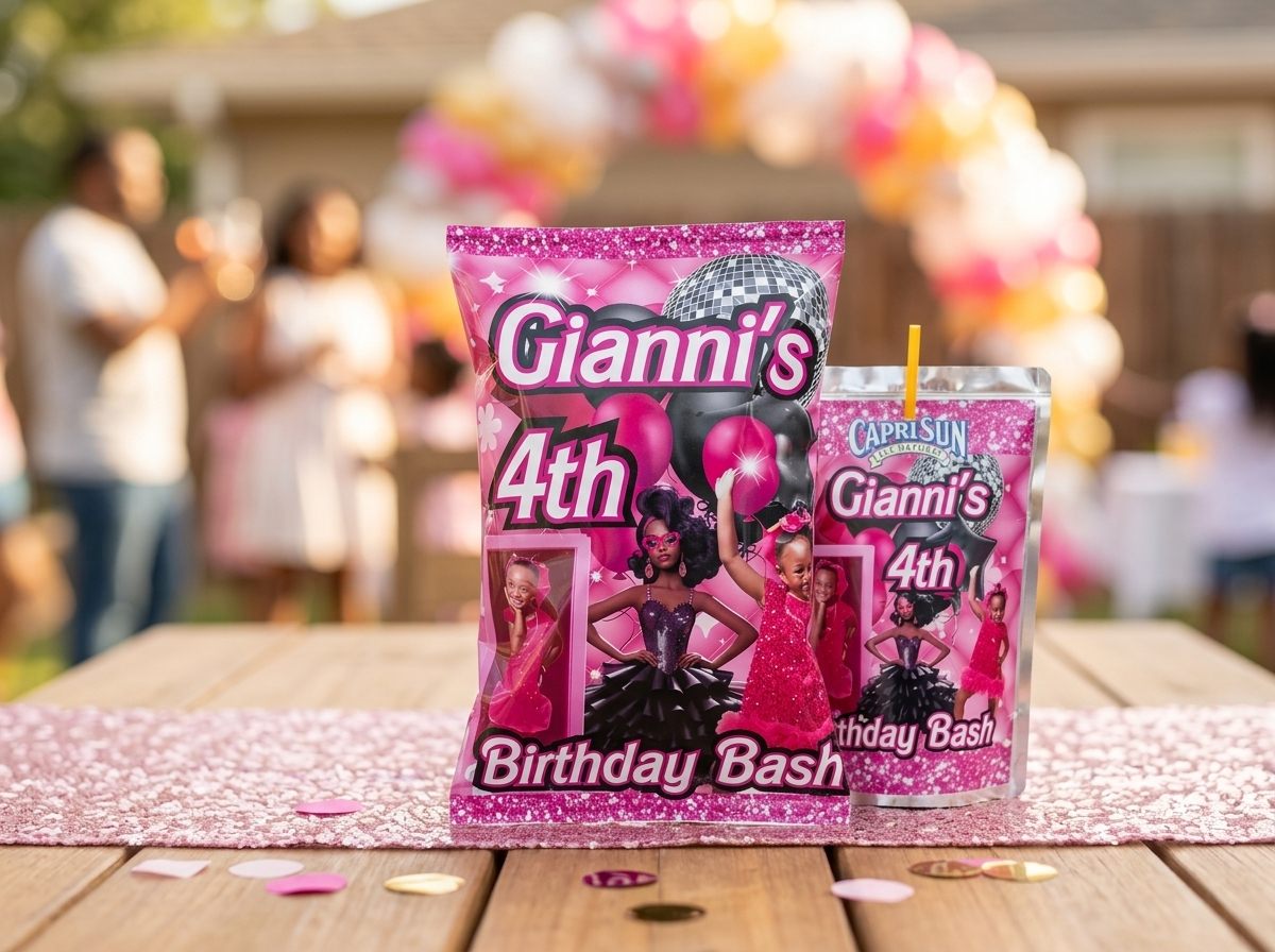 Custom Gianni's 4th Birthday Bash chip bag and Capri Sun party favors