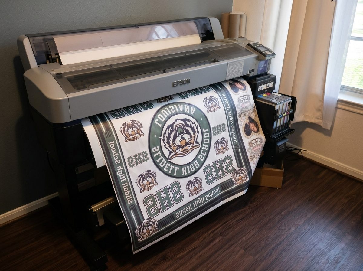 Wide-format Epson printer producing a Slidell High School sublimation transfer